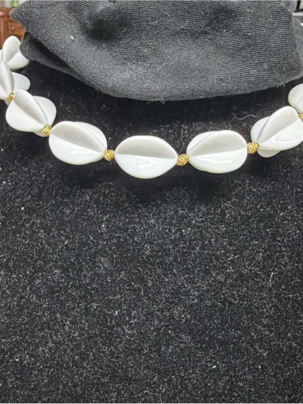 Vtg Napier Large White Shell Bead Necklace with Gold Accents twists 20”